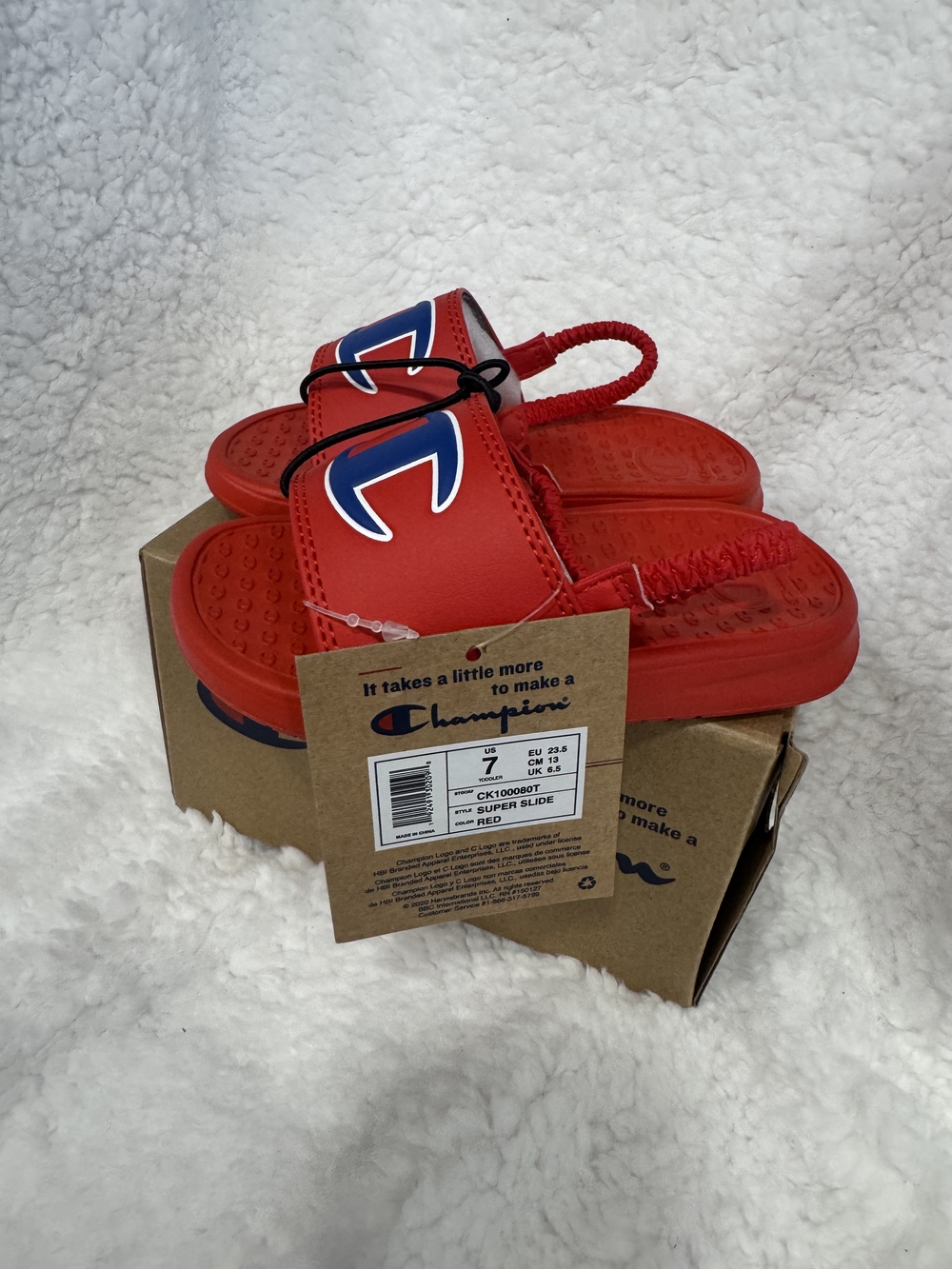 Champion Kids Red Slide Sandals with Blue Logo